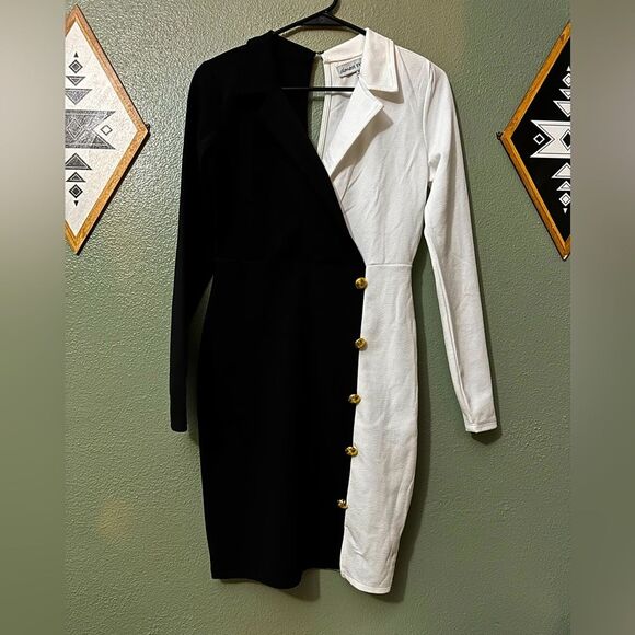 Almost Famous Juniors Black White Colorblock Bodycon Dress Gold Buttons Size M - Picture 3 of 4